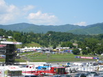 Looking out over the circuit to the Tuscany mountains