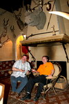Julian and Gordon enjoy a quiet brandy under the Rhino...